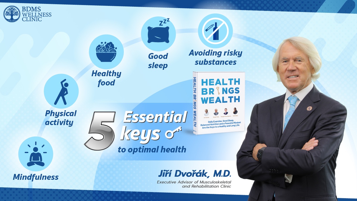 Five essential keys to optimal health: physical activity, healthy food, good sleep, mindfulness and avoiding risky