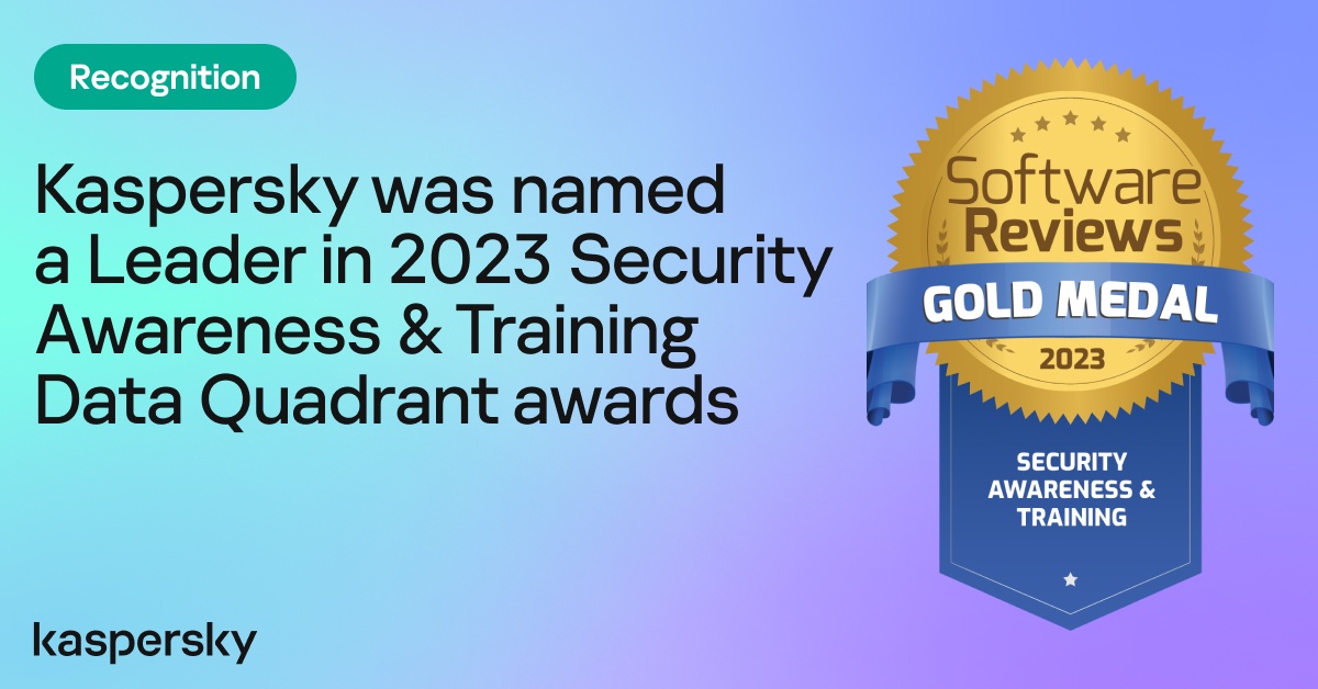 Kaspersky recognized Leader in SoftwareReviews 2023 Security Awareness Training Data Quadrant awards