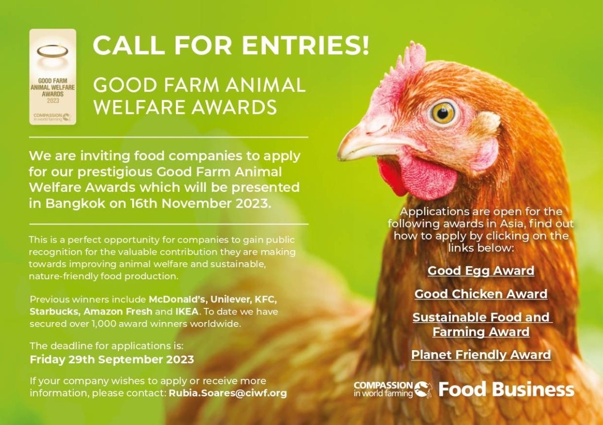 COMPASSION IN WORLD FARMING IS CALLING FOR ENTRIES FOR ITS GOOD FARM ANIMAL WELFARE AWARDS IN ASIA