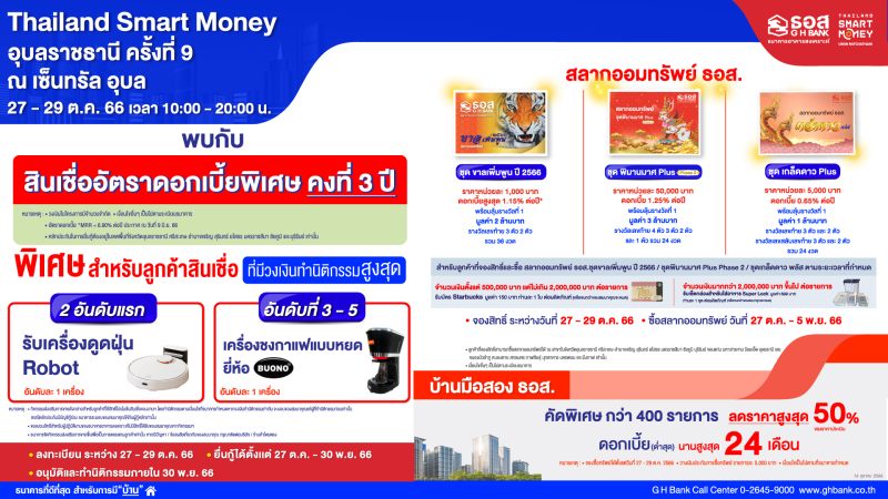 ธอส. จัดโปรโมชันร่วมงาน Thailand Smart Money อุบลราชธานี ครั้งที่ 9 พบกับสินเชื่อบ้านดอกเบี้ยต่ำพิเศษ คงที่ 3 ปี และผลิตภัณฑ์ทางการเงินอื่นๆ