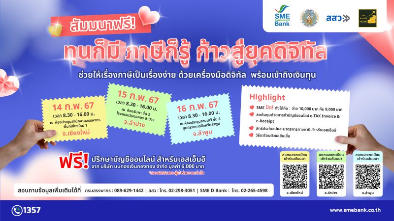 SME D Bank รู้ใจเอสเอ็มอีไทย จัดสัมมนาฟรี ทุนก็มี ภาษีก็รู้ ก้าวสู่ยุคดิจิทัล เปลี่ยนเรื่องภาษีเป็นเรื่องง่าย กระจายจัดใน 3 จังหวัดภาคเหนือ วันที่ 14-16 ก.พ.