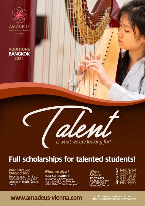 ข่าวดี!!! สำหรับเด็กไทยที่มีความสามารถด้านวิชาการ ดนตรี ศิลปะ การเต้น ร่วมออดิชั่นลุ้นสิทธิ์ทุนเรียนฟรี 1 ปี มูลค่ากว่า 1.9 ล้านบาท ที่ AMADEUS International School Vienna