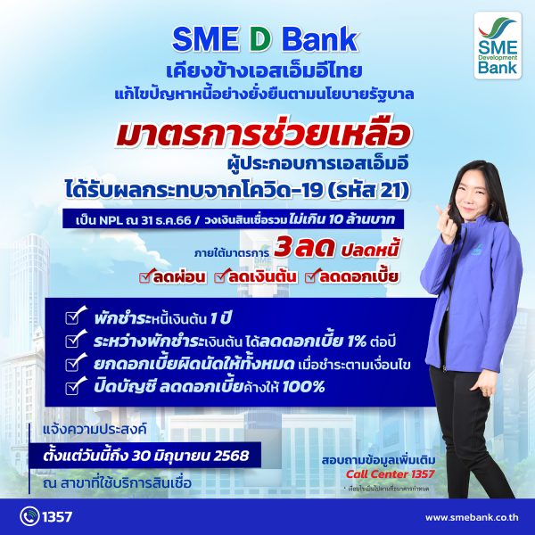 SME D Bank ช่วยแก้หนี้เอสเอ็มอีได้รับผลกระทบจากโควิด-19 ตามนโยบายรัฐบาล เดินหน้ามาตรการบรรเทาภาระการเงิน พักชำระหนี้เงินต้น 1 ปี แถมลดดอกเบี้ย