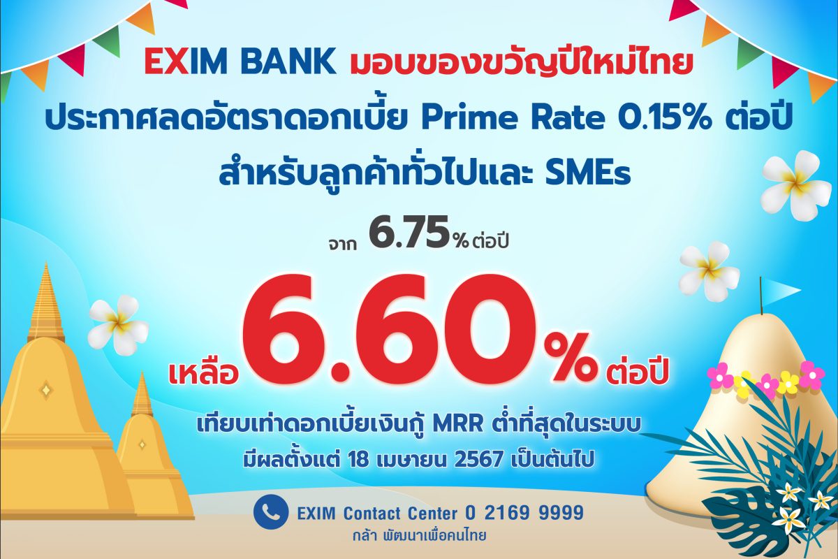 EXIM BANK ขานรับนโยบายรัฐบาล มอบของขวัญปีใหม่ไทย แบ่งเบาภาระภาคธุรกิจปรับลดอัตราดอกเบี้ย Prime Rate เหลือ 6.60% ต่อปี