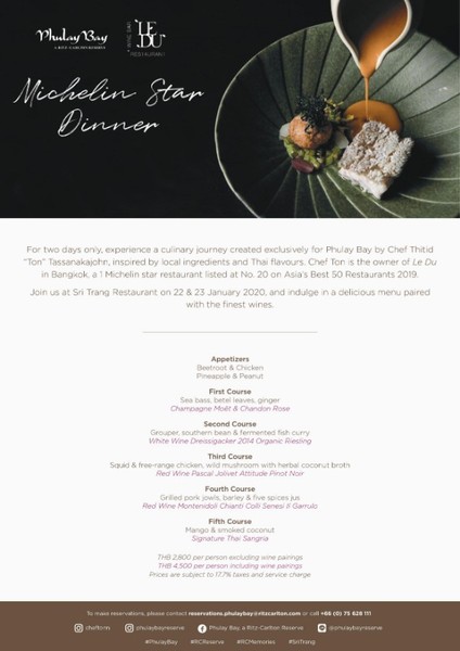 งาน Michelin Star Chef ที่ Phulay Bay, a Ritz Carlton Reserve วันที่ 22-23 มค.นี้