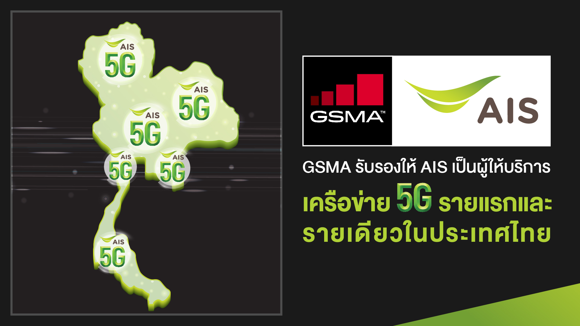 GSMA ประกาศรับรอง AIS เป็นผู้ให้บริการเครือข่าย 5G รายแรกและรายเดียวในประเทศไทย ปักหมุดไทย เป็น ประเทศแรกที่ให้บริการ 5G บนมือถือในเอเชียตะวันออกเฉียงใต้