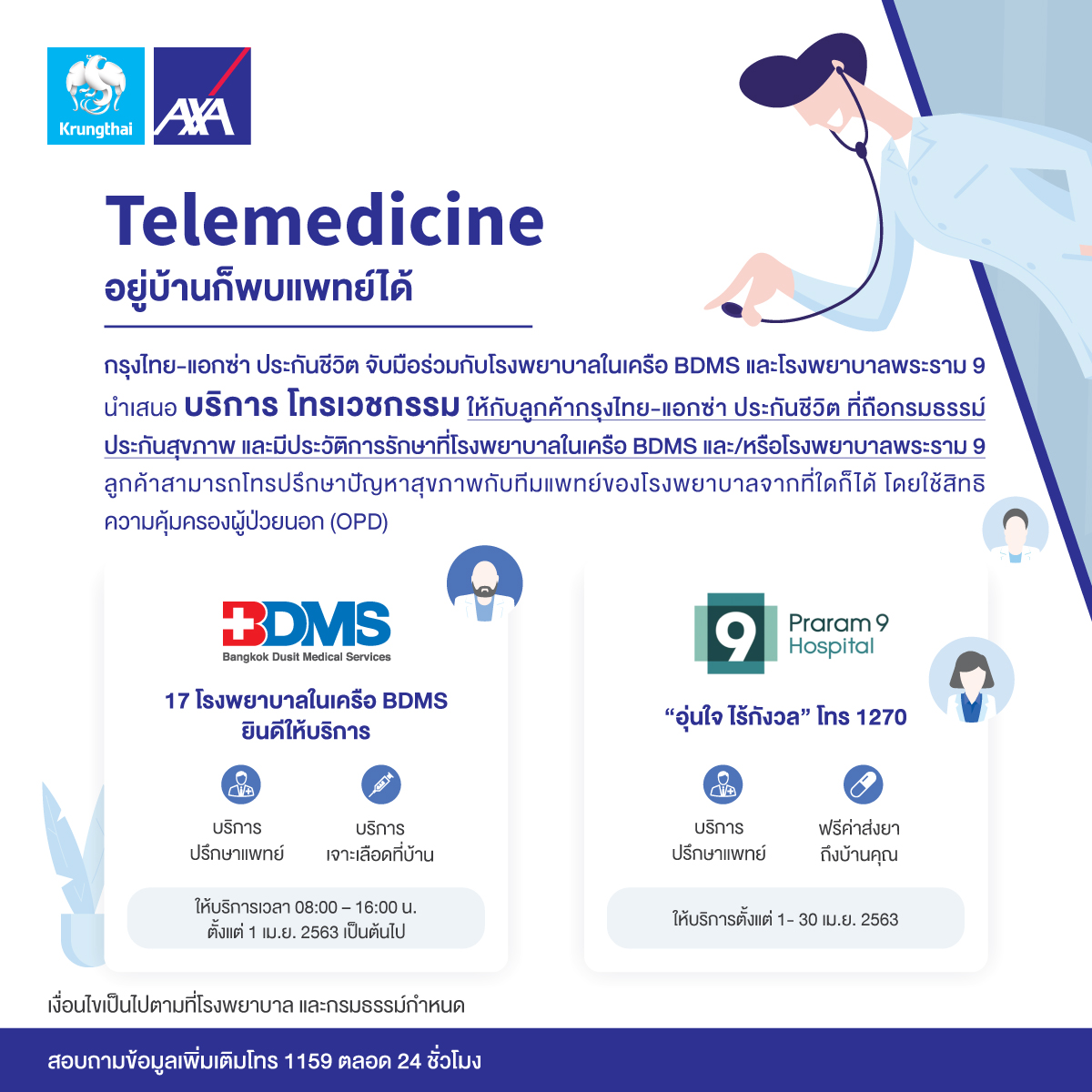 กรุงไทย-แอกซ่า ประกันชีวิต จับมือร่วมกับโรงพยาบาลในเครือ BDMS และโรงพยาบาลพระราม 9 ให้บริการรูปแบบใหม่ Telemedicine