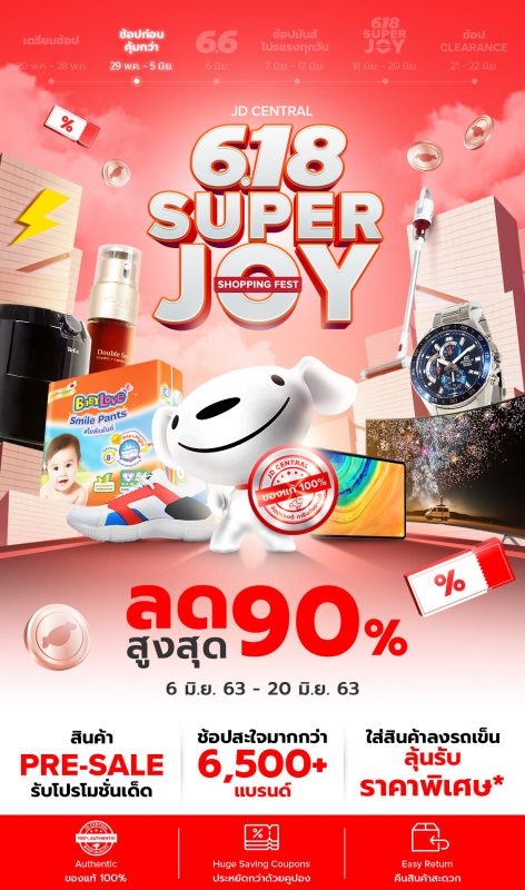 ช้อปทะลุสุดขีด!! ราคาเริ่มต้น 1 บาท 18 มิถุนายน นี้ กับ JD CENTRAL 6.18 SUPER JOY Shopping Fest