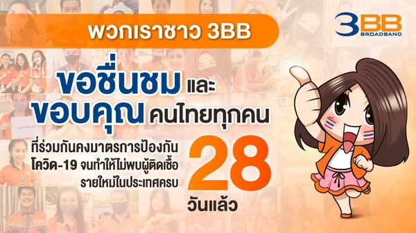 ทีม 3BB ทั่วไทยส่งคำขอบคุณคนไทยทุกคนที่ร่วมกันคงมาตรการป้องกันโควิด-19 ทำให้ไม่พบผู้ติดเชื้อรายใหม่ในประเทศครบ 28 วันติดต่อกันในวันนี้