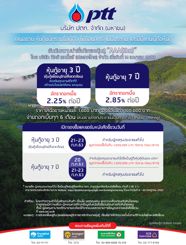 PTT offers 2 series of bonds: 3Y green bond and 7Y bond during 20 - 23 July 2020 with AAA(tha) rating and the coupon rates of 2.25% and 2.85% p.a.