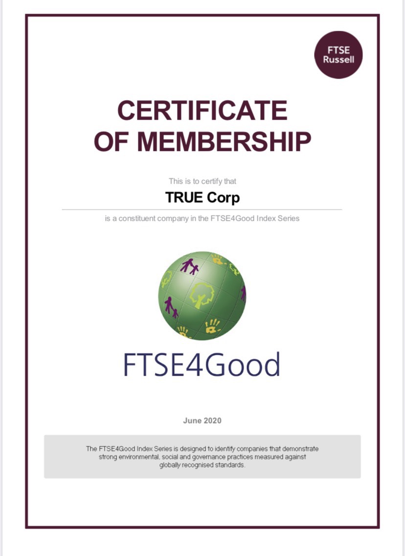 ทรู ติดอันดับสมาชิกดัชนีความยั่งยืนระดับโลก FTSE4Good ประจำปี 2563