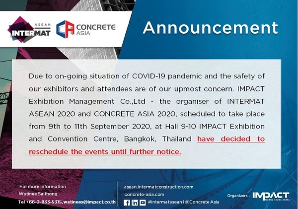 INTERMAT ASEAN 2020 AND CONCRETE ASIA 2020 RESCHEDULED UNTIL FURTHER NOTICE