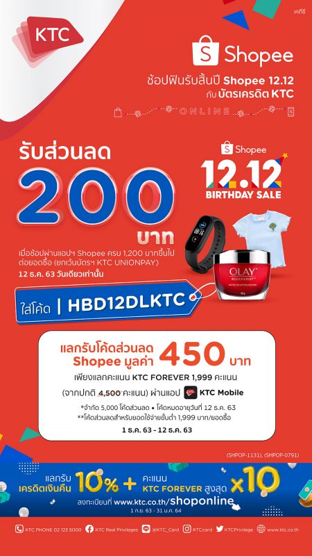 KTC-Shopee delivers a value promo in the Shopee 12.12 BIRTHDAY SALE campaign, offering 450 Baht discount codes with the usage of 1,999