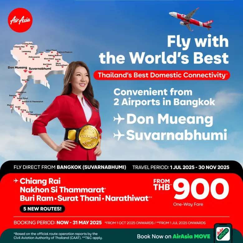 AirAsia launches daily direct flights from Suvarnabhumi to Chiang Rai, Nakhon Si Thammarat Thai AirAsia strengthens position as airline with most extensive network in Thailand