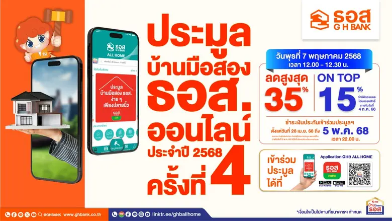 ธอส. จัดทรัพย์เด่นกว่า 1,500 รายการ ร่วมงานประมูลบ้านมือสองออนไลน์ ประจำเดือนพฤษภาคม 2568