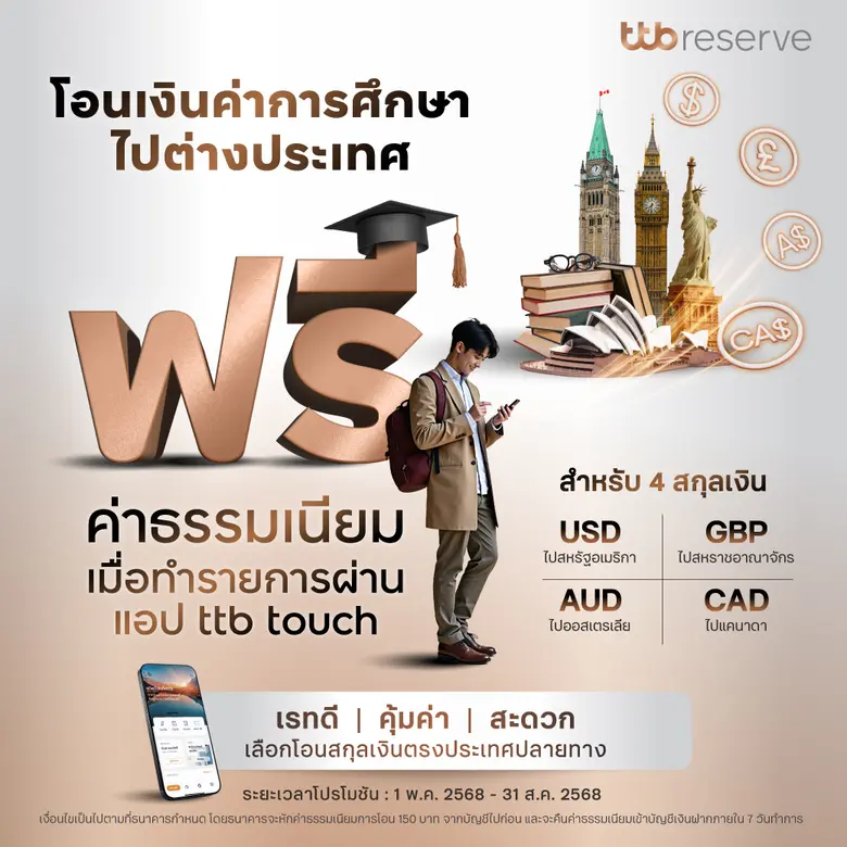 ทีทีบี มอบโปรโมชันพิเศษ โอนเงินค่าการศึกษาไปต่างประเทศ "ฟรีค่าธรรมเนียม" 4 สกุลเงิน ผ่านแอป ttb touch