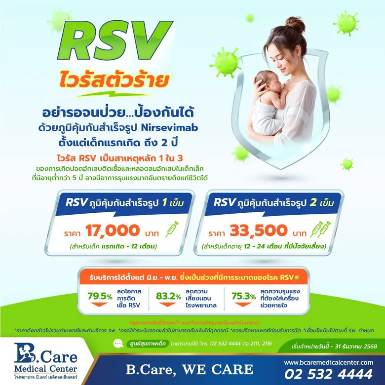RSV ไวรัสตัวร้าย อย่ารอจนป่วย…ป้องกันด้วยภูมิคุ้มกันสำเร็จรูป Nirsevimab ที่ โรงพยาบาล บี.แคร์ เมดิคอลเซ็นเตอร์