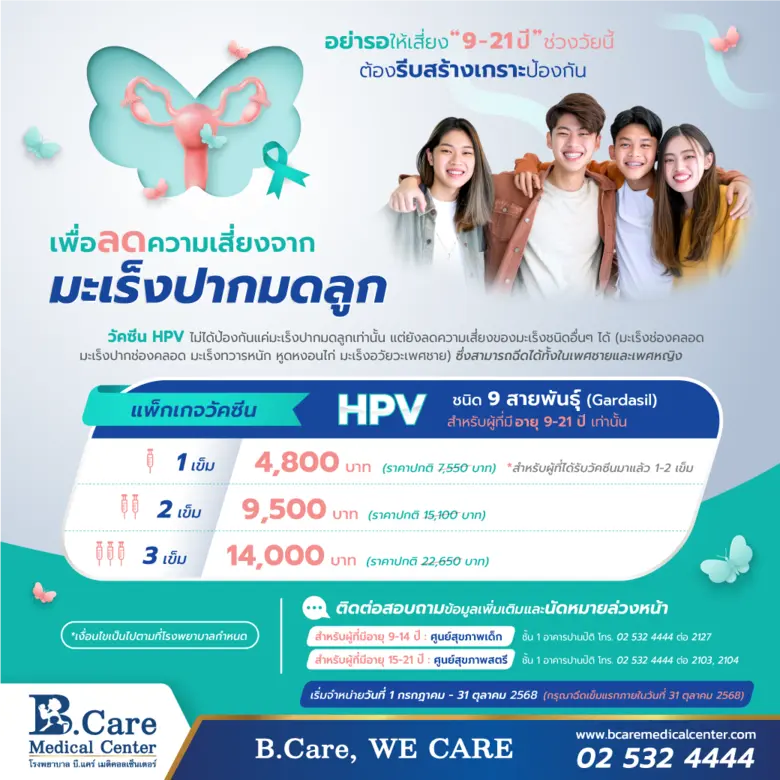 อย่ารอให้เสี่ยง 9-21 ปี ช่วงวัยนี้ต้องรีบสร้างเกราะป้องกัน" โรงพยาบาล บี.แคร์ เมดิคอลเซ็นเตอร์ขอแนะนำโปรโมชั่นแพ็กเกจวัคซีน HPV ชนิด 9 สายพันธุ์ (Gardasil)