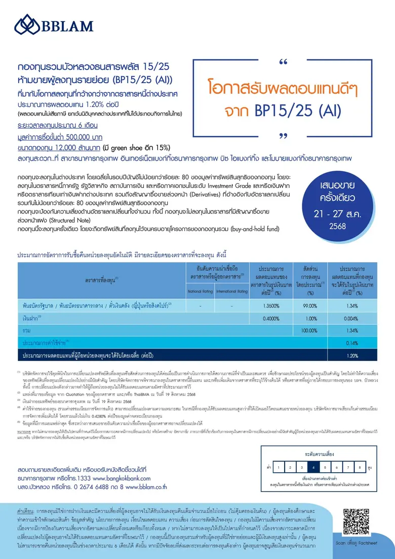 BBLAM เสนอขาย IPO 'BP15/25(AI)' วันที่ 21-27 ส.ค. 2568