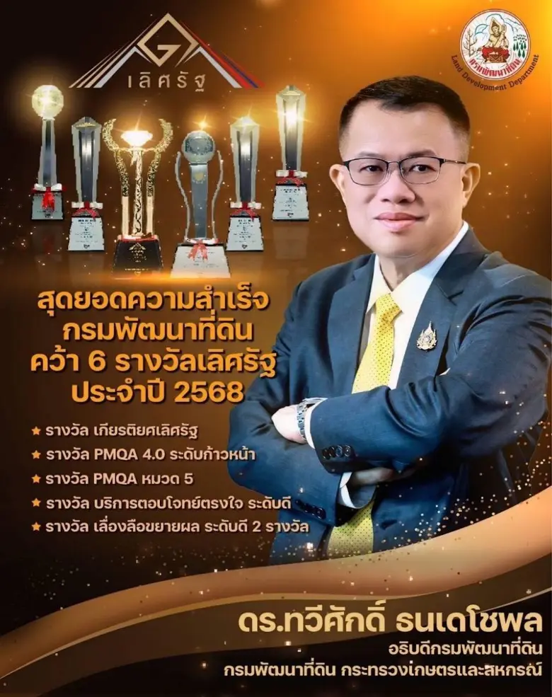 กรมพัฒนาที่ดิน คว้า 6 รางวัลเลิศรัฐ ประจำปี 2568 ตอกย้ำผลงานคุณภาพระดับประเทศ