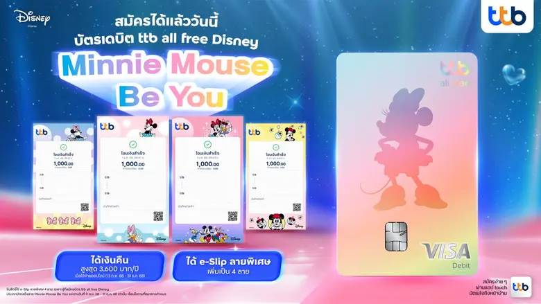 ทีทีบี เปิดตัวบัตรเดบิต ทีทีบี ออลล์ฟรี ดิสนีย์ ลายใหม่ "มินนี่ เมาส์ บี ยู" ดีไซน์สุดคิวท์ พร้อมดีลสุดคุ้มที่ให้ชีวิตอัศจรรย์ได้ทุกวันแบบจัดเต็ม