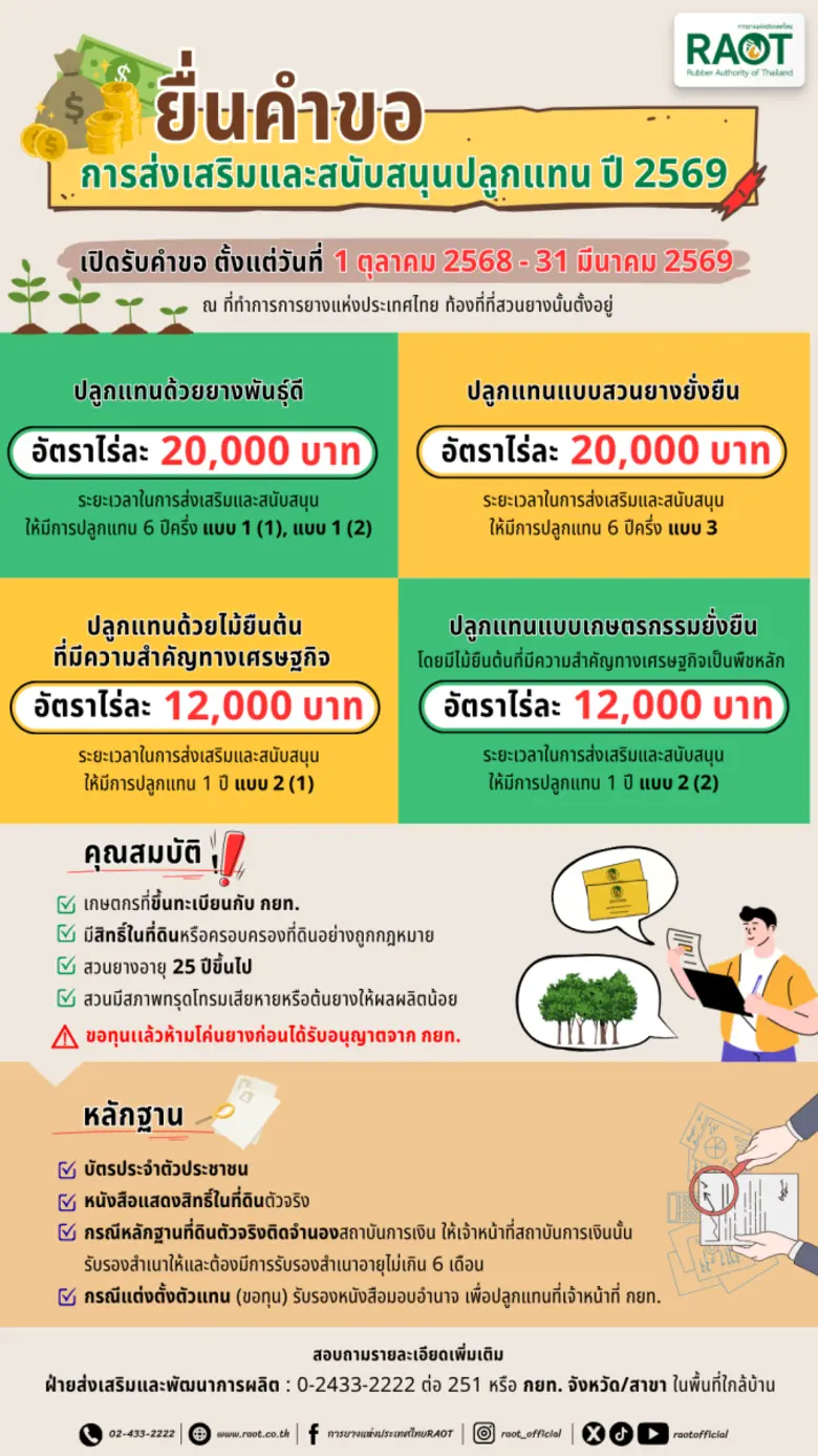 พร้อมแล้ว! ทุนปลูกแทนปีงบฯ 69 กยท. เปิดรับคำขอฯ ตั้งแต่วันที่ 1 ต.ค. - 31 มี.ค. 69 สนับสนุนเกษตรกรเพื่อการปลูกแทนสู่ความยั่งยืน