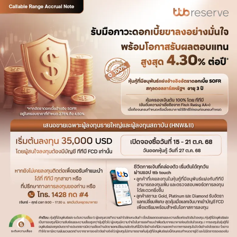 ทีทีบี เปิดตัวฟีเจอร์ใหม่ "จองซื้อหุ้นกู้ที่มีอนุพันธ์แฝง" ผ่านแอป ttb touch