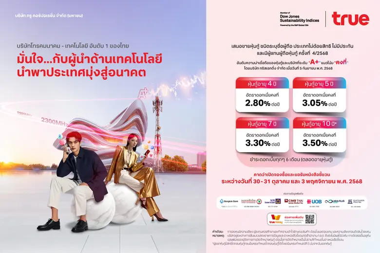 ทรู คอร์ปอเรชั่น เคาะดอกเบี้ยหุ้นกู้ชุดใหม่ อายุ 4 - 10 ปี ผลตอบแทนคงที่สูงสุด 3.50% ต่อปี ตอบโจทย์การลงทุนที่มั่นคง รับเทรนด์ดอกเบี้ยขาลง