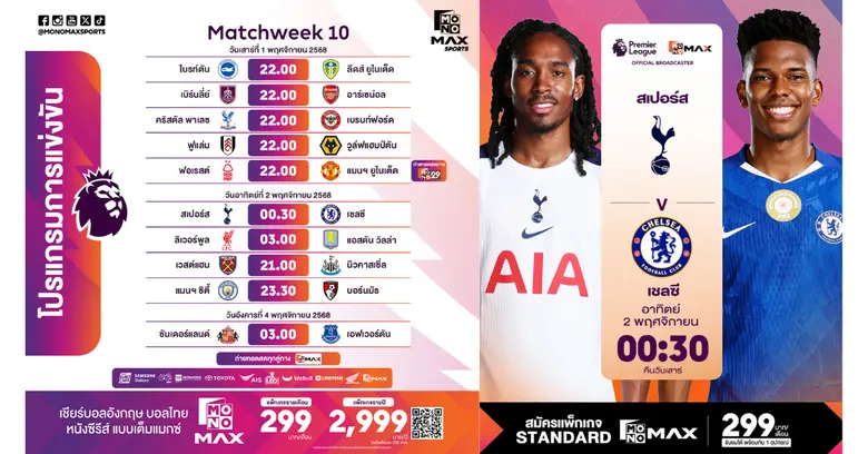 พรีเมียร์ลีกเปิดศึกเข้ม! Monomax ถ่ายครบทุกคู่ "สเปอร์สดาร์บี้เชลซี-ผีบุกเจ้าป่า-หงส์ชนวิลล่า"
