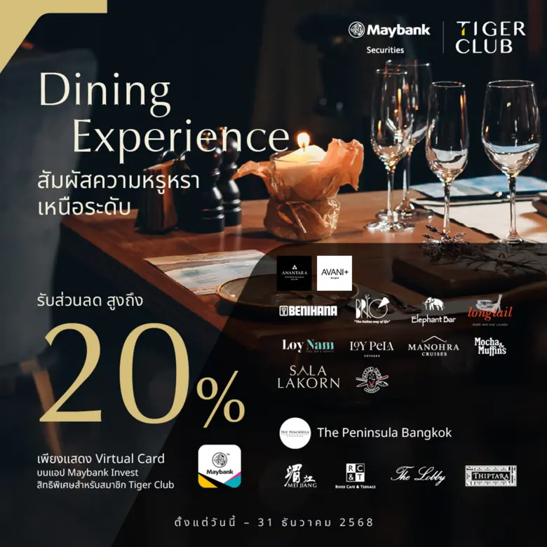 หลักทรัพย์เมย์แบงก์ ชวนสมาชิก TIGER CLUB ฉลองเทศกาลปลายปี ด้วยส่วนลดห้องอาหารหรูสูงสุด 20%