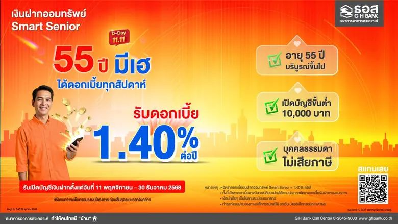 ธอส. ชูเงินฝากออมทรัพย์ "Smart Senior" รับผลตอบแทนทุกสัปดาห์ อัตราดอกเบี้ยสูง 1.40% ต่อปี