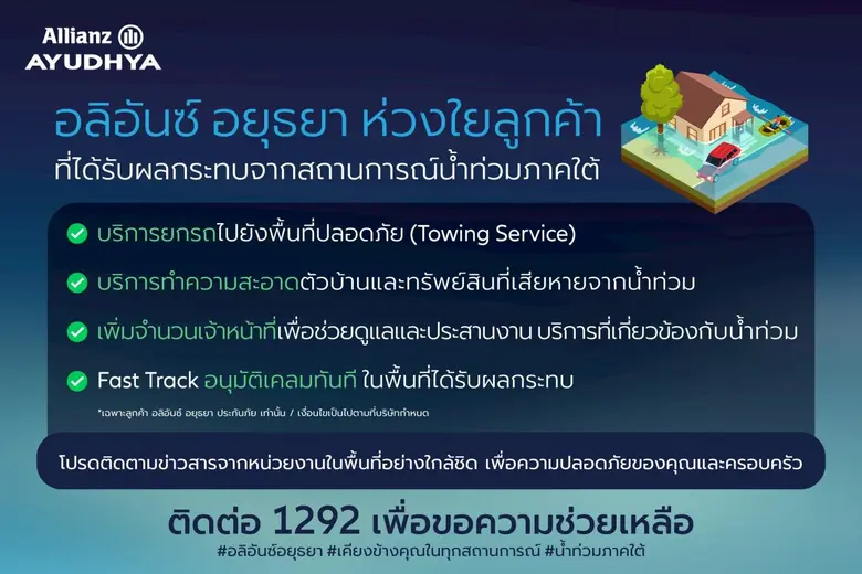 อลิอันซ์ อยุธยา ออกมาตรการเร่งด่วน ช่วยเหลือลูกค้าที่ได้รับผลกระทบจากน้ำท่วมภาคใต้