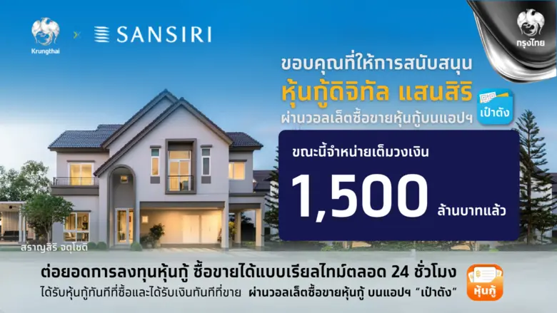 "หุ้นกู้ดิจิทัลแสนสิริ" บนแอปฯ เป๋าตัง จองซื้อเต็มจำนวน 1,500 ล้านบาท ตอกย้ำความเชื่อมั่นการลงทุนกับบริษัทอสังหาริมทรัพย์ชั้นนำของไทยที่มุ่งมั่นสู่การเติบโตอย่างยั่งยืน