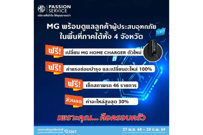 เอ็มจี ดูแลลูกค้าผู้ประสบอุทกภัยภาคใต้ ด้วยส่วนลดอะไหล่สูงสุด 30% ฟรีค่าแรงซ่อมบำรุงและเปลี่ยนอะไหล่ พร้อมสนับสนุนช่วยเหลือภายใต้โครงการ TOGETHER FOR BETTER THAILAND