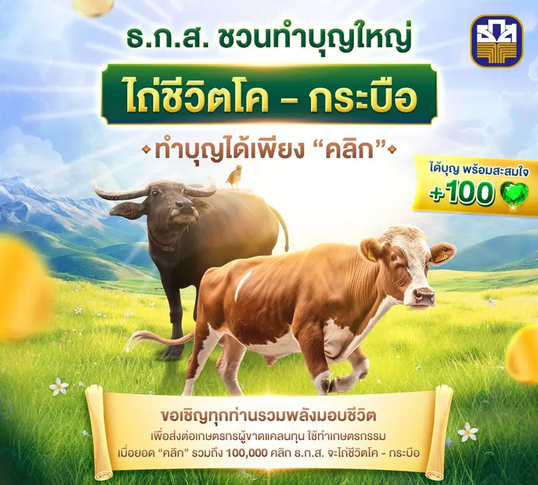 ธ.ก.ส. จัดกิจกรรมบุญใหญ่ส่งท้ายปีผ่านแคมเปญ "ไถ่ชีวิตโค-กระบือ" ชวนสมาชิก LINE OA BAAC Family คลิกร่วมบุญทะลุ 100,000 คลิกใน 14 วัน