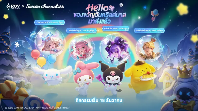 Garena RoV ผนึก Sanrio characters ขนทัพคาแรคเตอร์ชื่อดัง 'Kuromi - My Melody - Pompompurin - Cinnamoroll' ระเบิดพลังความน่ารักทั่วสมรภูมิ RoV จัดเต็ม สกิน-ไอเทม-รางวัล กับกิจกรรมส่งท้ายปี 'RoV Snow Festival'