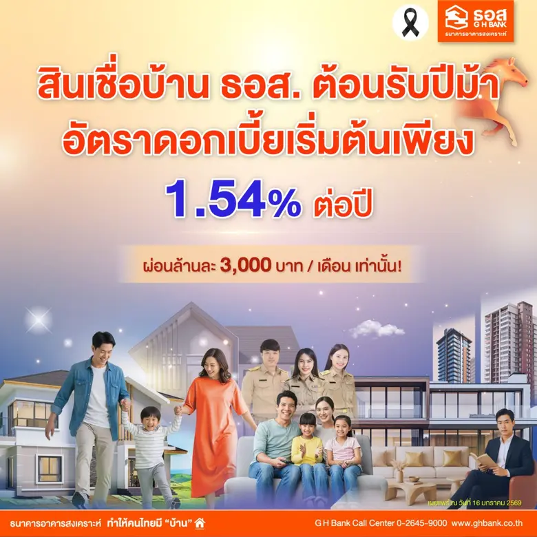 ธอส. ชู 5 สินเชื่อเด่น หนุนคนไทยมีบ้านต้อนรับปีม้าดอกเบี้ยเริ่มต้นเพียง 1.54% ต่อปี ผ่อนเพียงล้านละ 3,000 บาทเท่านั้น!