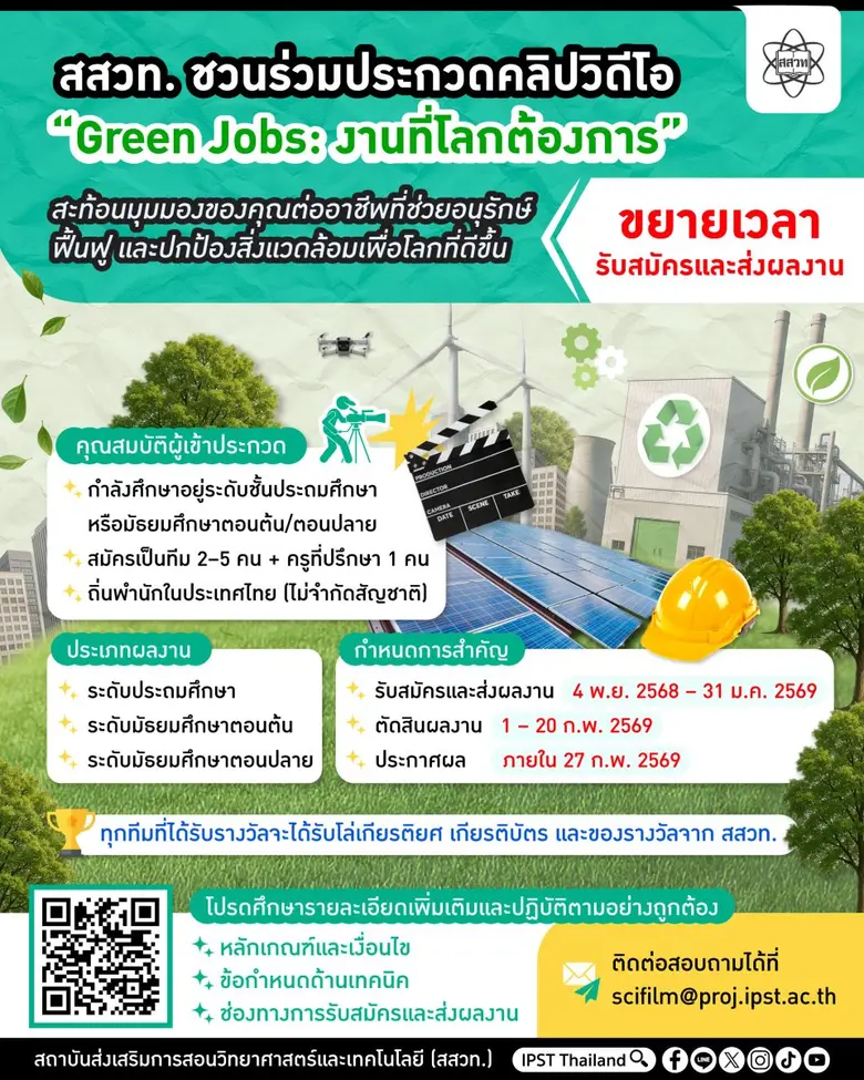 เวทีของเยาวชนรักษ์โลก! สสวท. ขยายเวลาประกวดคลิป "Green Jobs: งานที่โลกต้องการ"