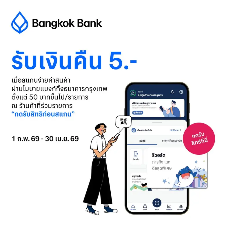 ธนาคารกรุงเทพ ส่งโปรพิเศษ หนุนชาวธรรมศาสตร์ สู่สังคมไร้เงินสดสแกนจ่ายได้เงินคืน ผ่านโมบายแบงก์กิ้งธนาคารกรุงเทพ