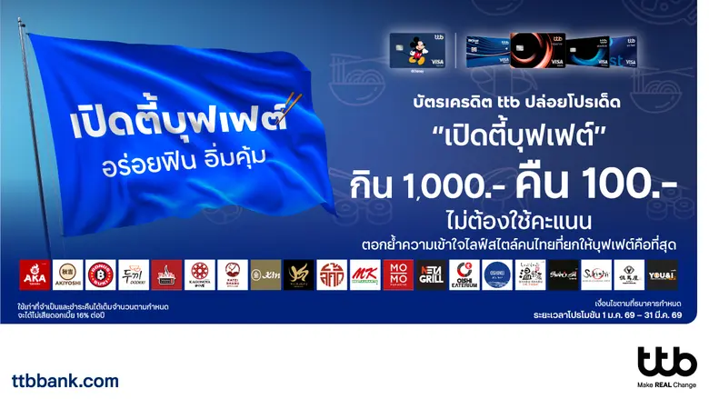 บัตรเครดิต ttb เปิดแคมเปญ "เปิดตี้บุฟเฟต์" กินครบ 1,000 บาท คืน 100 บาทไม่ต้องแลกคะแนน ได้คืนง่าย ๆ ไม่ซับซ้อน