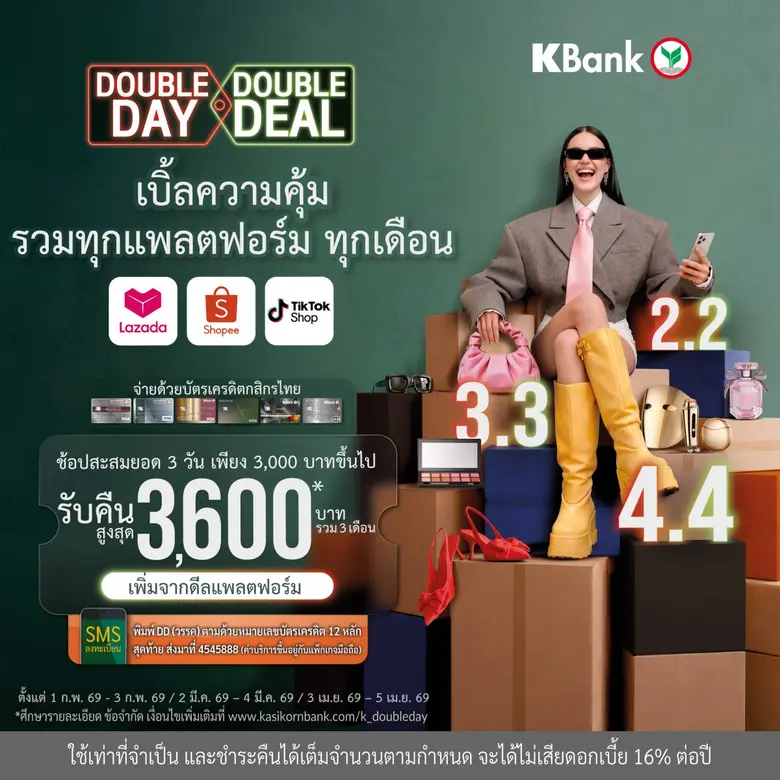 บัตรเครดิตกสิกรไทย เอาใจสายช้อปออนไลน์ จัดแคมเปญ Double Day, Double Deal* สะสมยอดช้อปรวม 3 แพลตฟอร์มฮิต Shopee-Lazada-TikTok รับเครดิตเงินคืนสูงสุด 3,600 บาท*