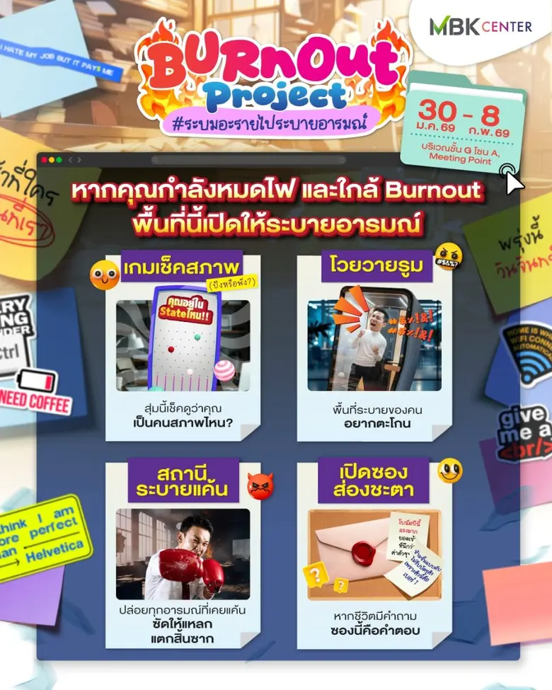 เอ็ม บี เค เซ็นเตอร์ เปิดพื้นที่ระบายอารมณ์ จัดนิทรรศการปลดปล่อยของคนวัยทำงาน BURNOUT Project ชวนเช็คสัญญาณหมดไฟ มาพักใจ ผ่อนคลายอารมณ์ที่อัดอั้น