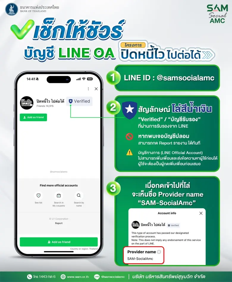 SAM เตือนภัยมิจฉาชีพ เช็กให้ชัวร์!! ก่อนแอดไลน์เข้าร่วม โครงการ "ปิดหนี้ไว ไปต่อได้"