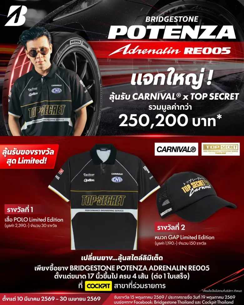 บริดจสโตนแจกใหญ่เต็มสปีด! ซื้อ "BRIDGESTONE POTENZA Adrenalin RE005" ครบ 4 เส้น ลุ้น 180 รางวัล จาก CARNIVAL x TOP SECRET