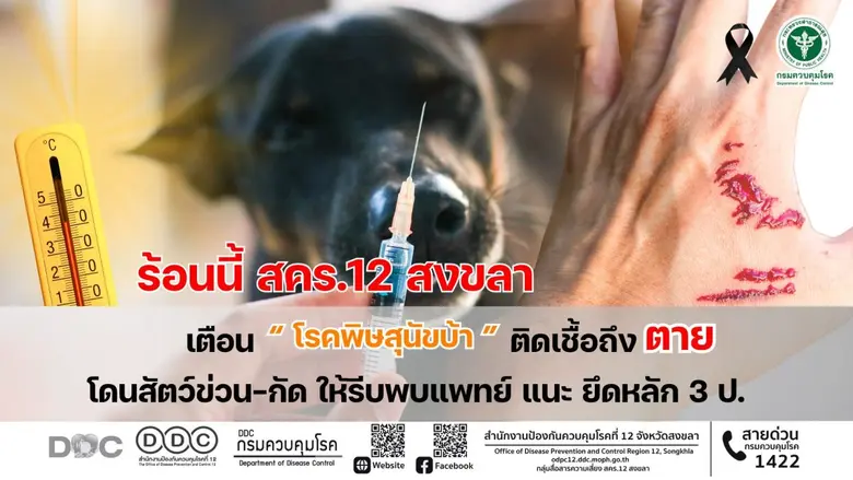 ร้อนนี้ สคร.12 สงขลา เตือน โรคพิษสุนัขบ้า ติดเชื้อถึงตาย โดนสัตว์ข่วน-กัด ให้รีบพบแพทย์ แนะ ยึดหลัก 3 ป.
