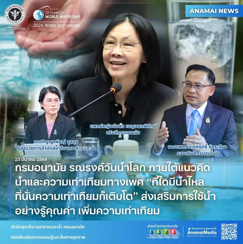กรมอนามัย รณรงค์วันน้ำโลก ภายใต้แนวคิด น้ำและความเท่าเทียมทางเพศ "ที่ใดมีน้ำไหล ที่นั่นความเท่าเทียมก็เติบโต" ส่งเสริมการใช้น้ำอย่างรู้คุณค่า เพิ่มความเท่าเทียม