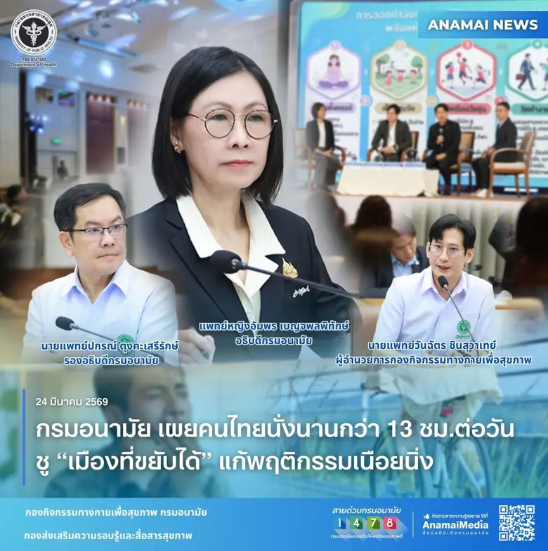 กรมอนามัย เผยคนไทยนั่งนานกว่า 13 ชม.ต่อวัน ชู "เมืองที่ขยับได้" แก้พฤติกรรมเนือยนิ่ง