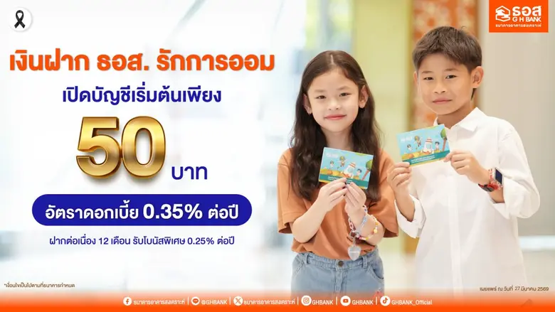 เปิดบัญชีเริ่มต้นเพียง 50 บาท กับ "เงินฝาก ธอส. รักการออม"รับอัตราดอกเบี้ย 0.35% ต่อปี พร้อมโบนัสพิเศษ 0.25% ต่อปี เมื่อฝากต่อเนื่อง