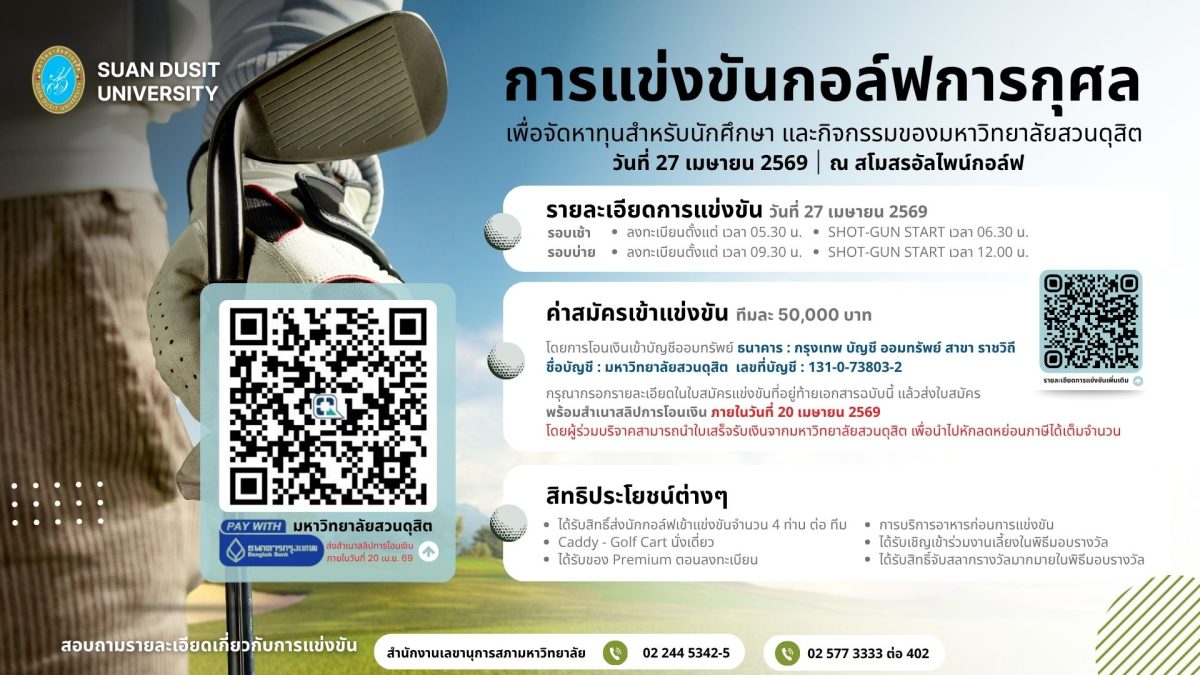 ม.สวนดุสิต เสิร์ฟแมตช์กอล์ฟการกุศล "Flagship Project Power of Giving" ชวนศิษย์เก่า-พันธมิตร ระดมทุนสนับสนุนการศึกษา ณ สนามกอล์ฟ อัลไพน์ กอล์ฟ คลับ