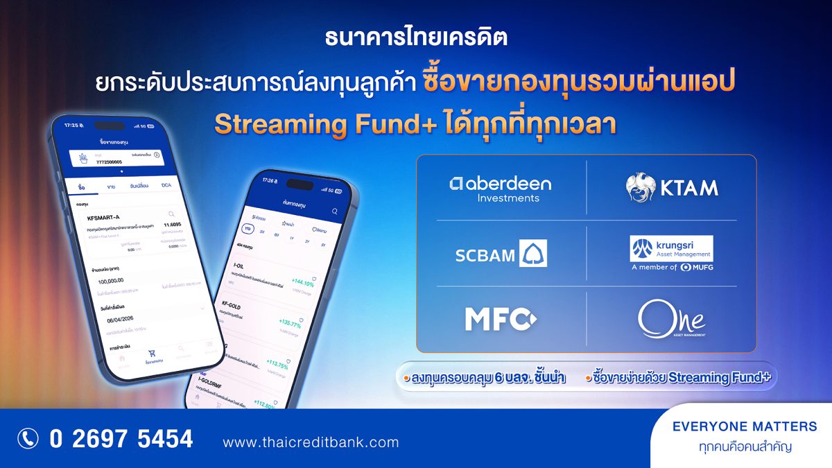 ธนาคารไทยเครดิต รุกตลาดกองทุนรวมเต็มตัว ยกระดับประสบการณ์การลงทุน ซื้อขายกองทุนรวมผ่านแอป "Streaming Fund+" สะดวก ทุกที่ทุกเวลา